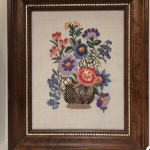 Floral Crewel Embroidered Wall Art in Wooden Frame